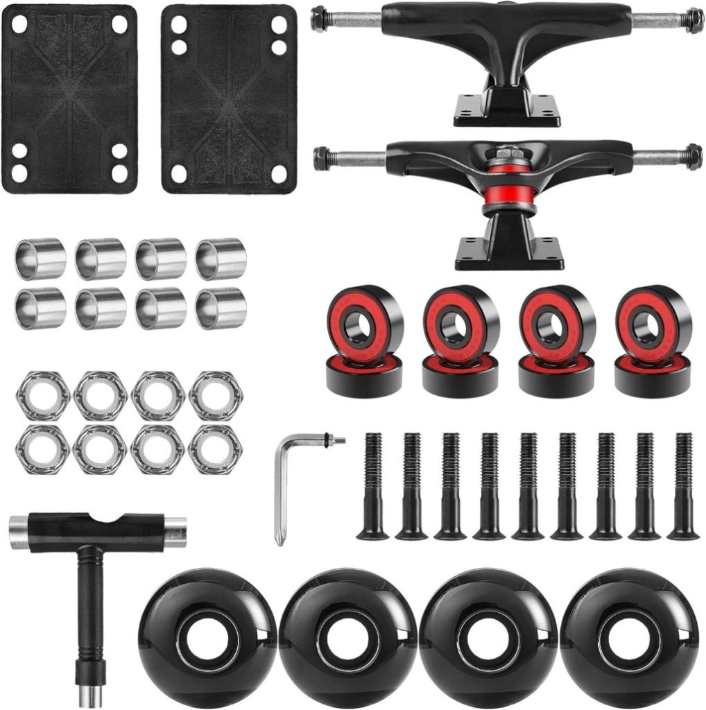 Skateboard kit featuring AXDT 60mm wheels, trucks, bearings, and full hardware set
