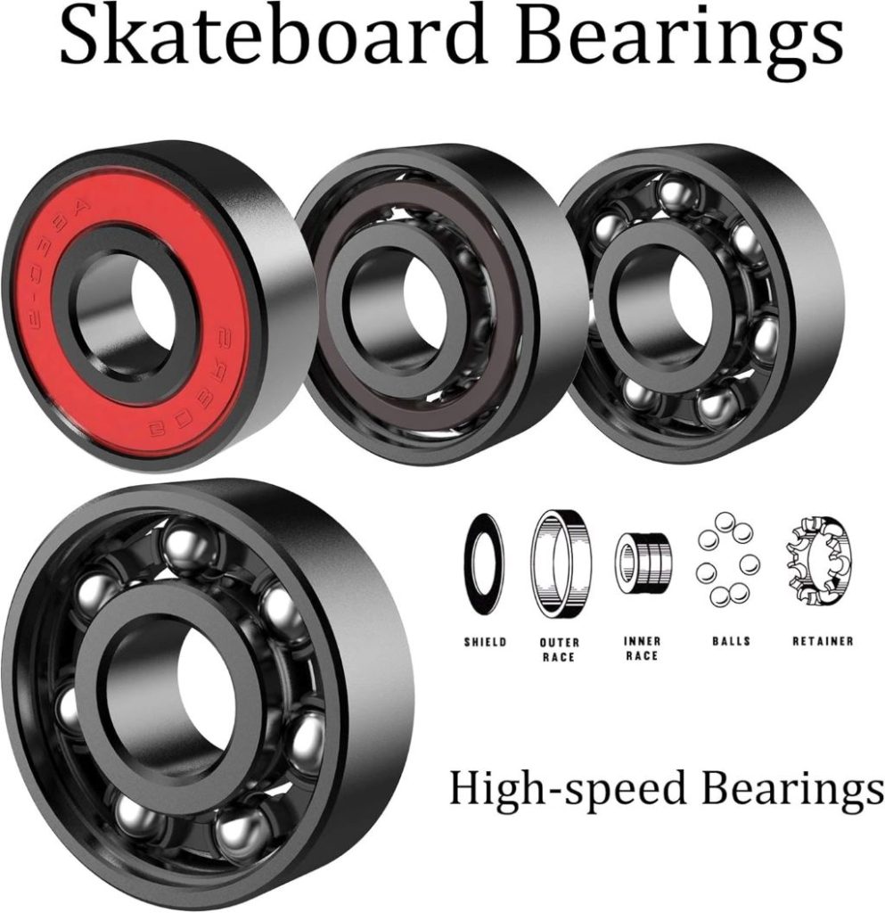 Full AXDT skateboard setup including wheels, trucks, bearings, pads, and accessories