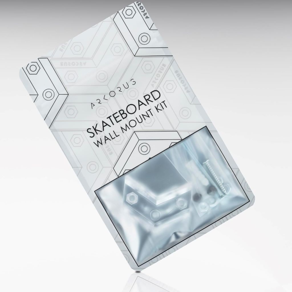 Arkorus clear acrylic skateboard wall mount holding a deck vertically for stylish display and storage.