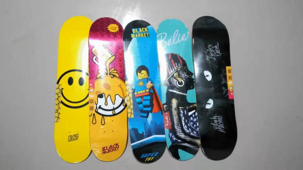 Close-up of a Canadian maple skateboard deck with vibrant cartoon graphics.