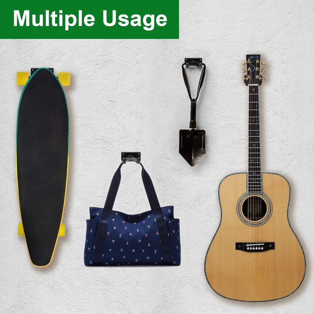 Versatile wall-mounted holders for skateboards, guitars, and snowboards.