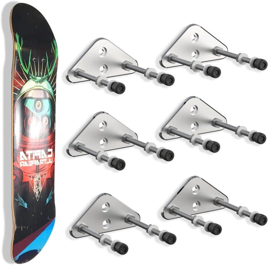 Ezbnb 6-pack aluminum skateboard wall mounts holding skateboards vertically and horizontally.