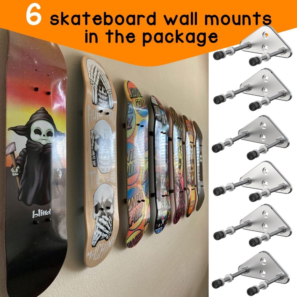 Silver skateboard wall hanger set by Ezbnb for displaying decks in any orientation.
