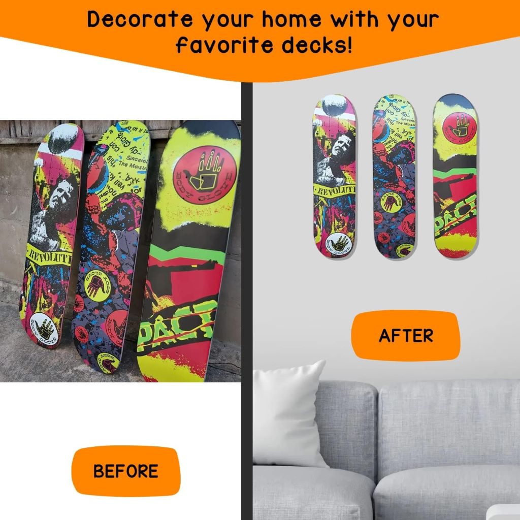 Durable aluminum skateboard mounts for horizontal and vertical wall display, 6-pack.