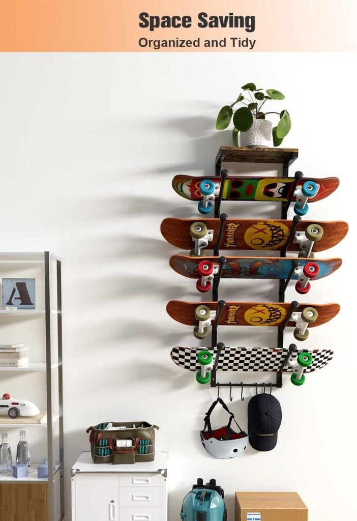 Durable skateboard wall mount stand with five tiers and six hooks for home or garage