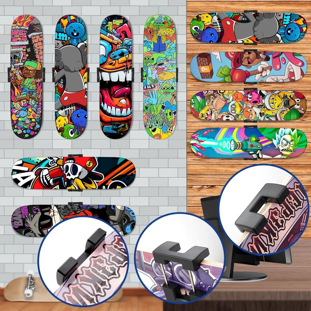 Adjustable floating skateboard wall hanger for display and storage