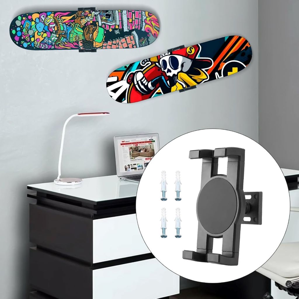 Universal skateboard wall rack with extendable grab-and-go design