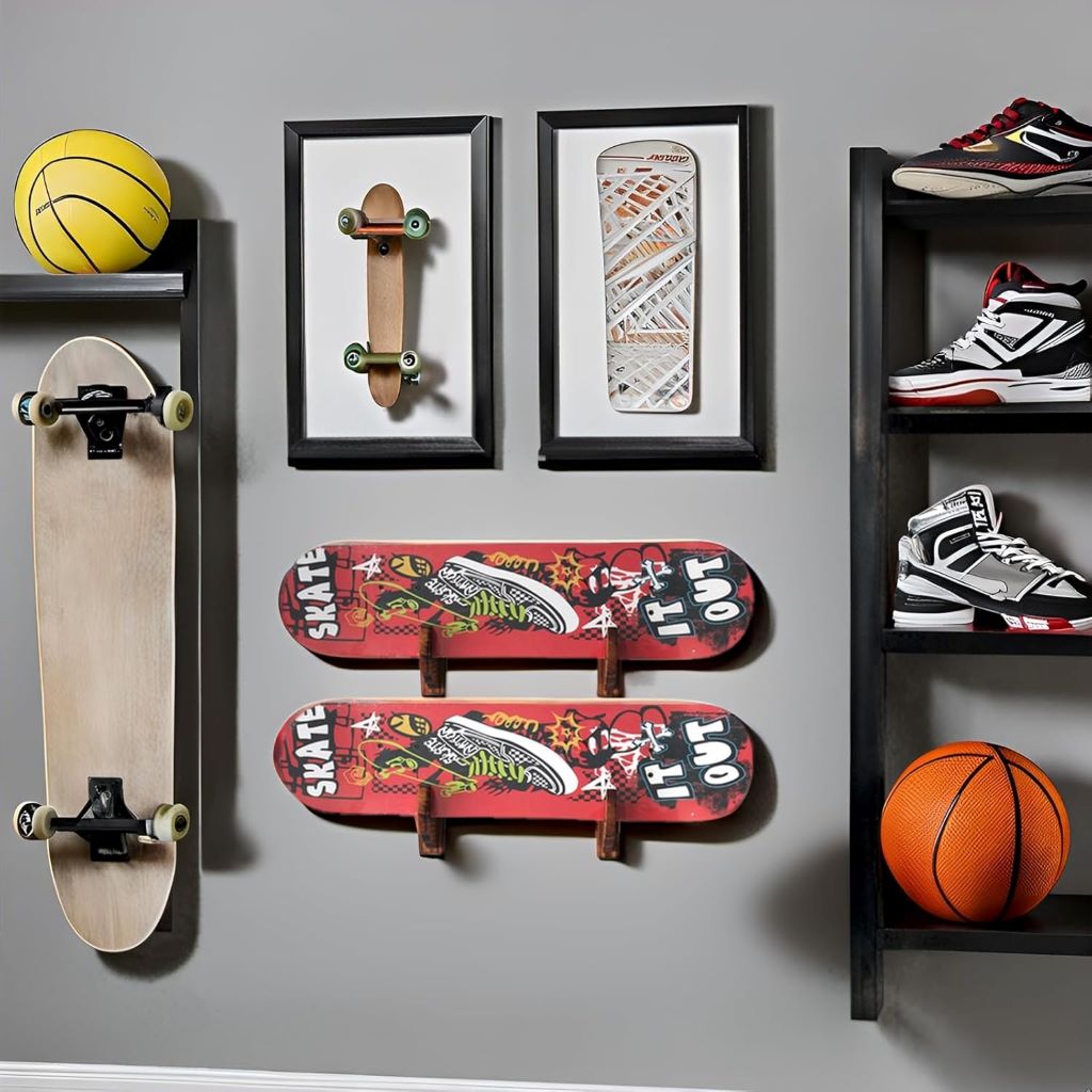 Durable acrylic wall mount rack holding skateboards and snowboards horizontally