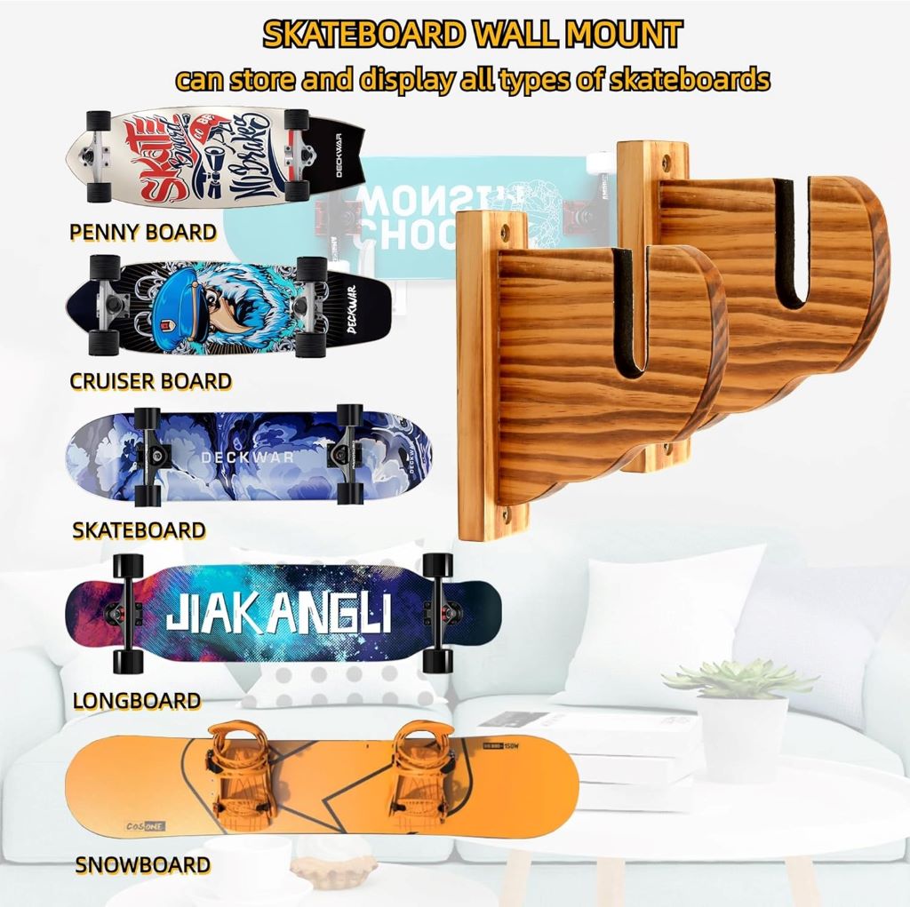 Space-saving BiJun wall rack showcasing skateboards and snowboards in retro style