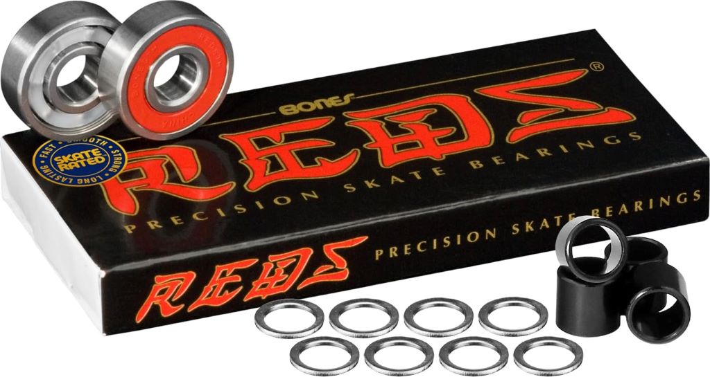 Complete Bones Reds Bearings set including 8 bearings, spacers, and washers for skateboards