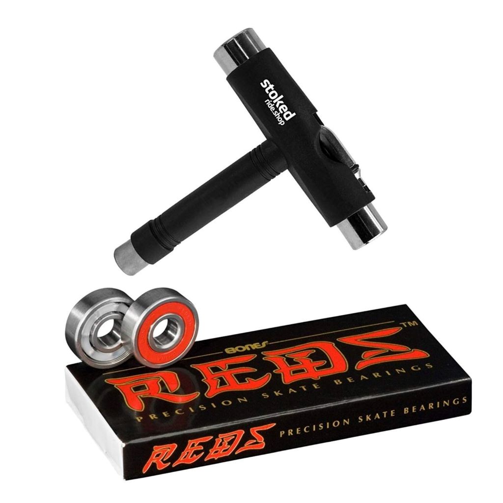 Bones Reds 8-Pack skateboard bearings with tool for smooth rides on boards and scooters.