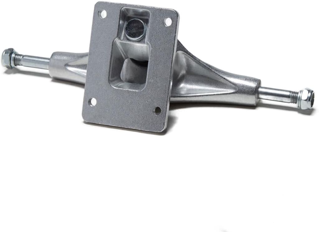 Close-up of CCS skateboard trucks in multiple sizes, black and raw finish