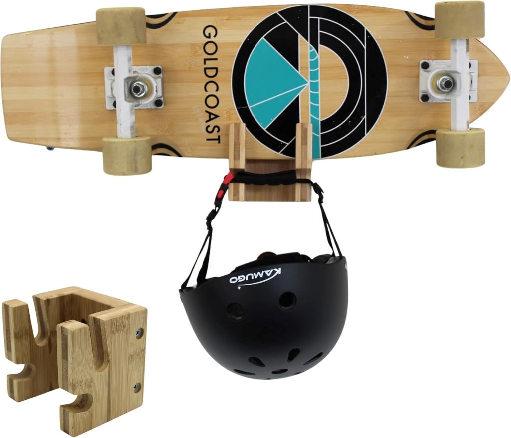 COR Bamboo Wall Mount holding skateboard, snowboard, and helmet on extra storage hook.