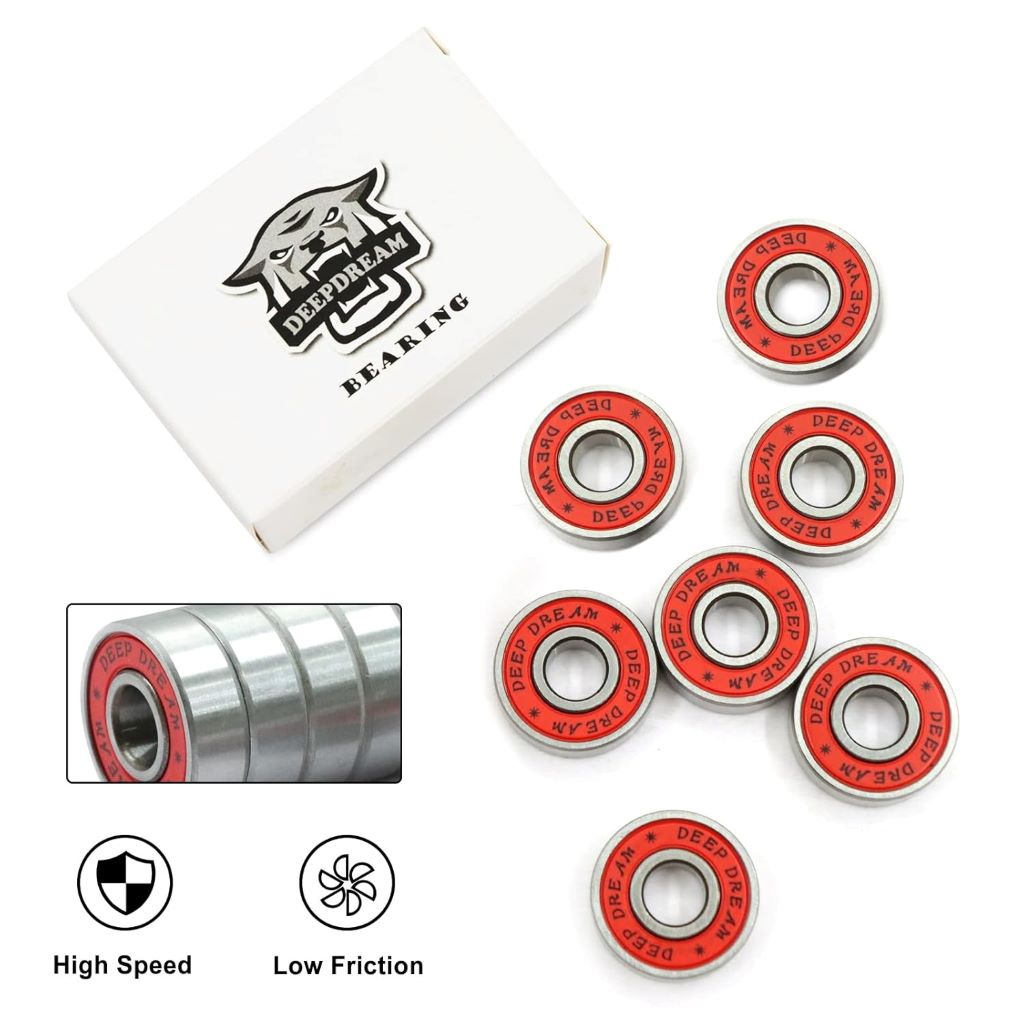 Close-up of DEEPDREAM 608rs bearings, sealed and designed for smooth skateboarding.