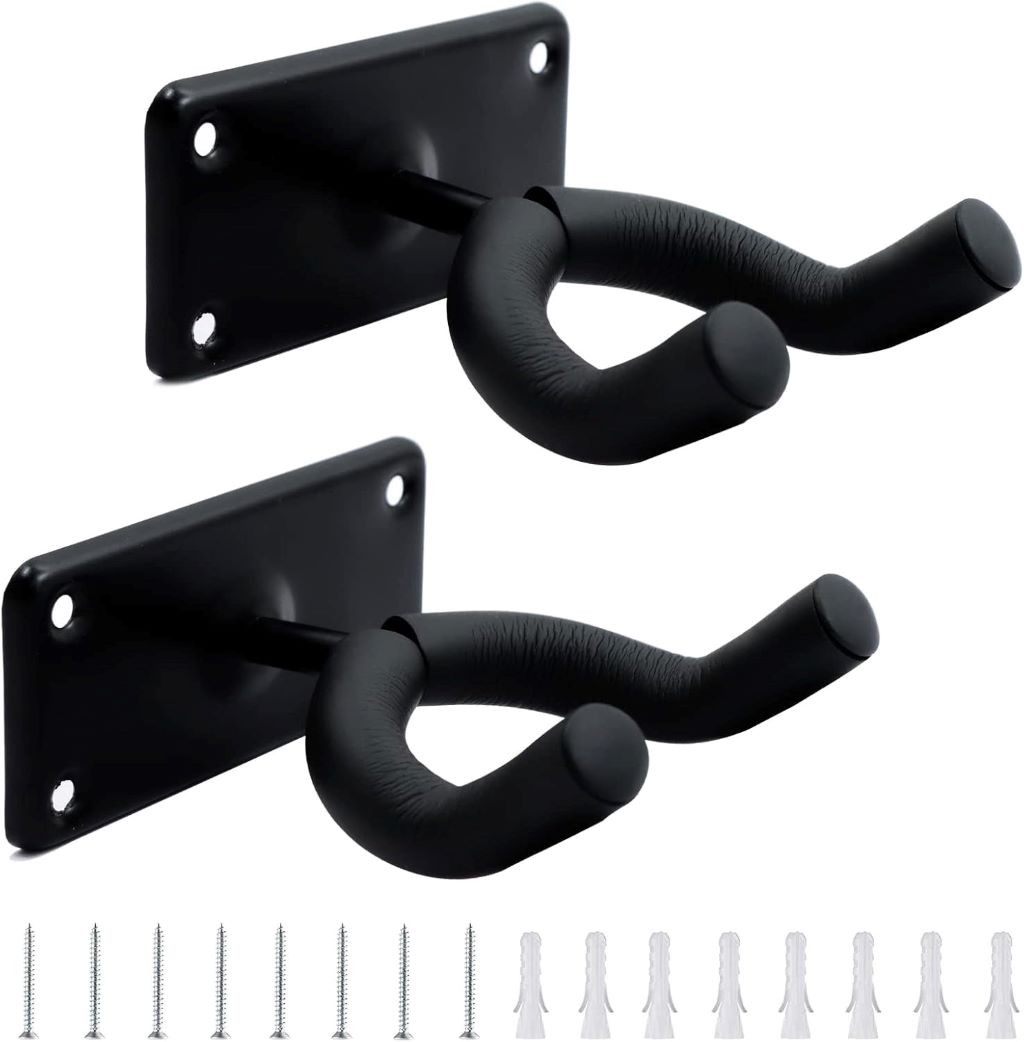 FABTEASQ 4-pack wall hangers holding skateboards, longboards, and guitars for organized storage.