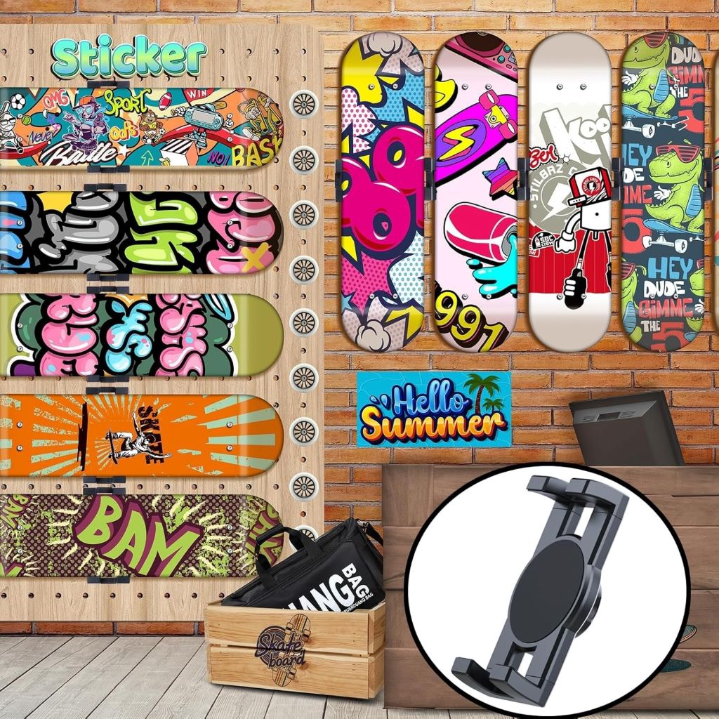 Wall-mounted skateboard rack with 360° rotation for stylish skateboard display.