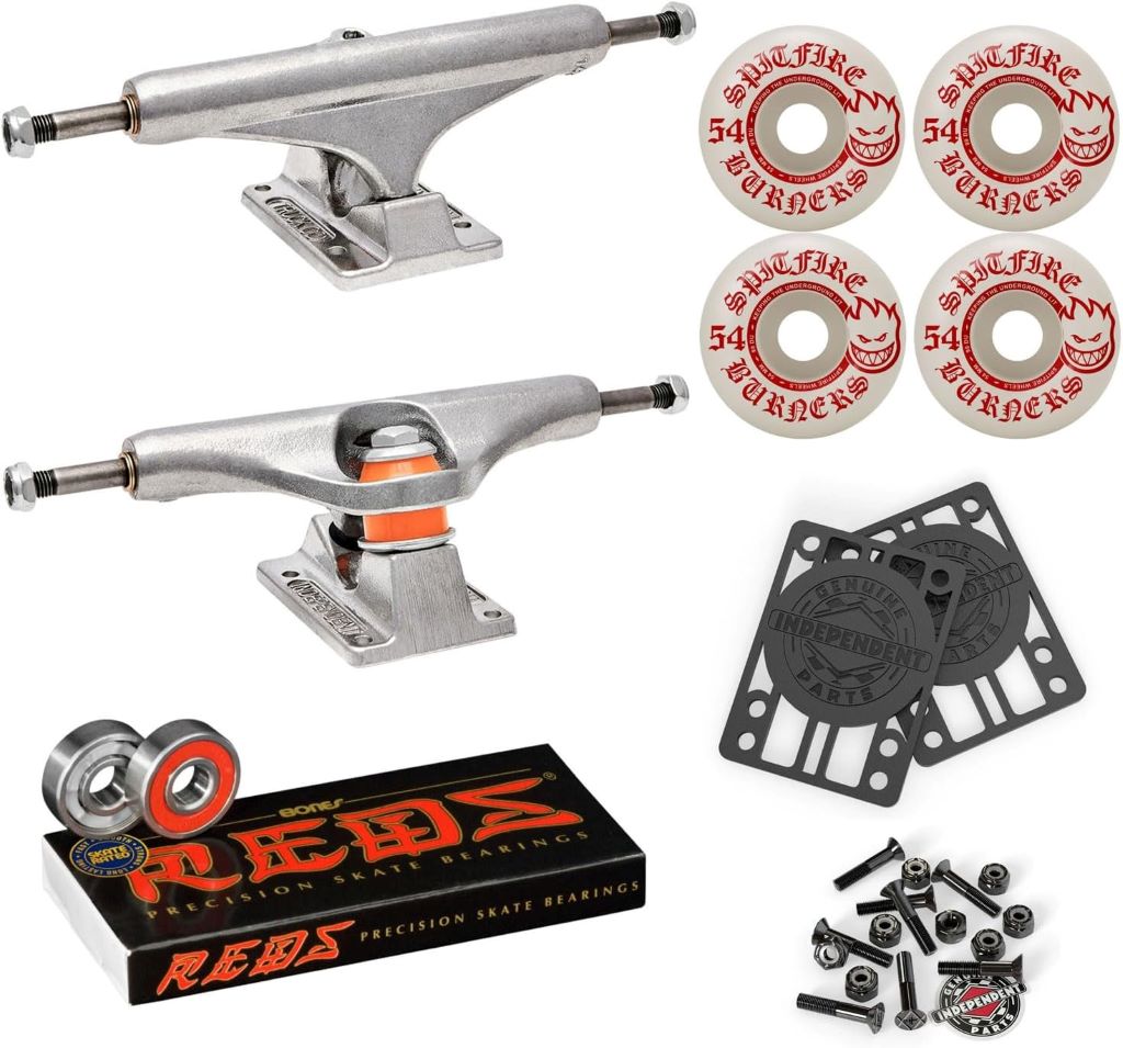 Independent trucks package featuring Spitfire wheels, Bones Reds bearings, and hardware