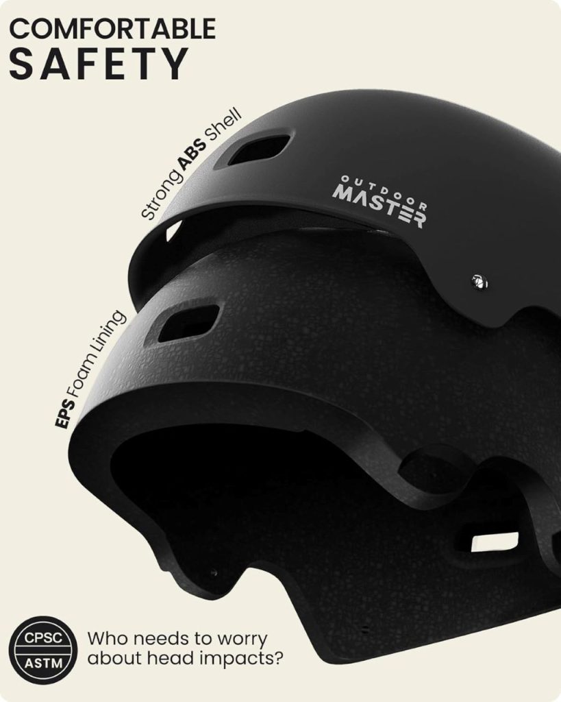 Youth and adult OutdoorMaster Beetles helmet in snug fit, designed for skateboarding, cycling, and roller sports.