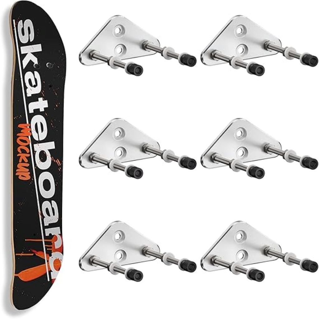 ROKENPOY 6-pack aluminum skateboard wall mounts holding decks horizontally and vertically.