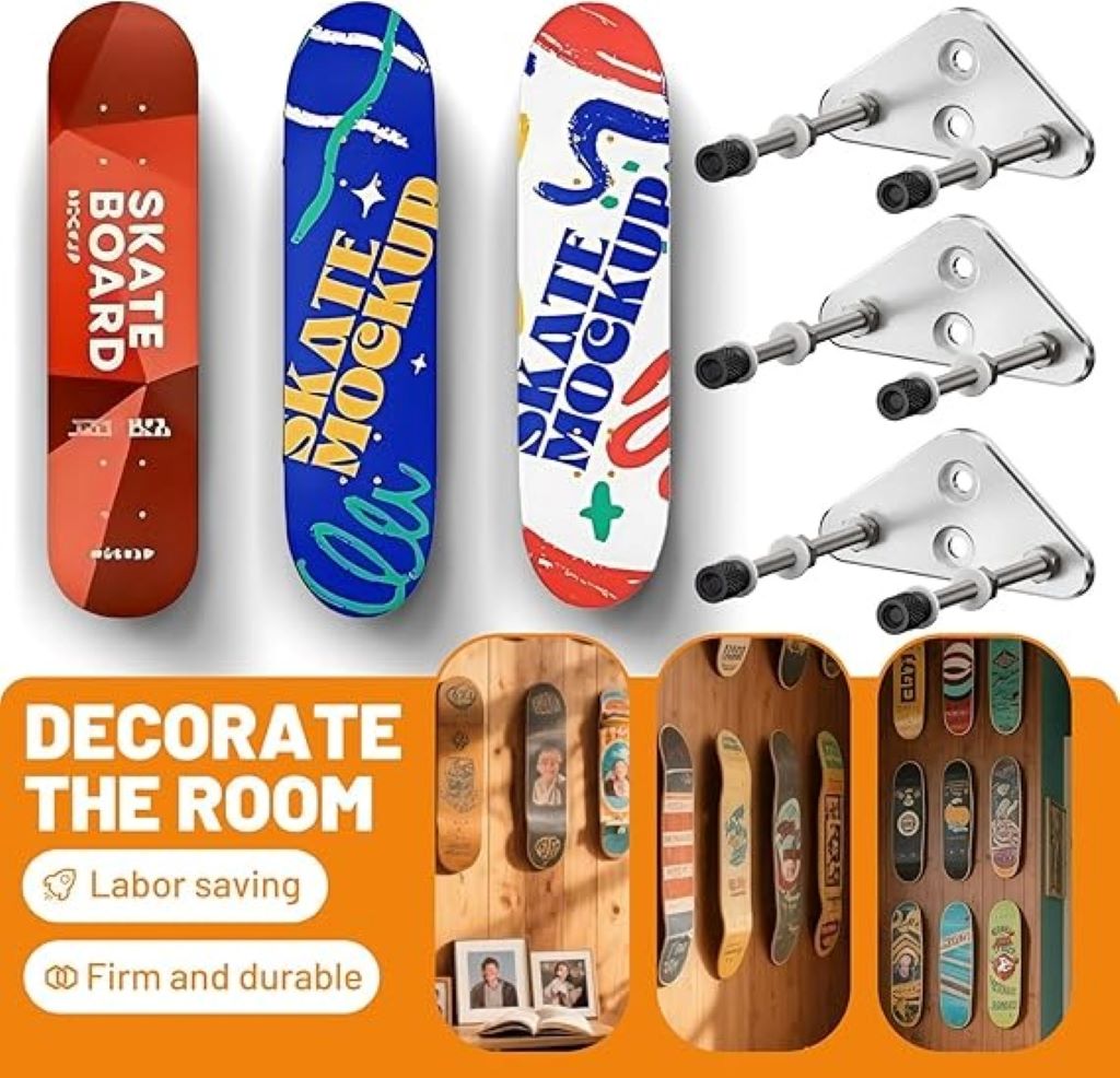 Skateboard display with ROKENPOY aluminum wall hangers for stylish storage.