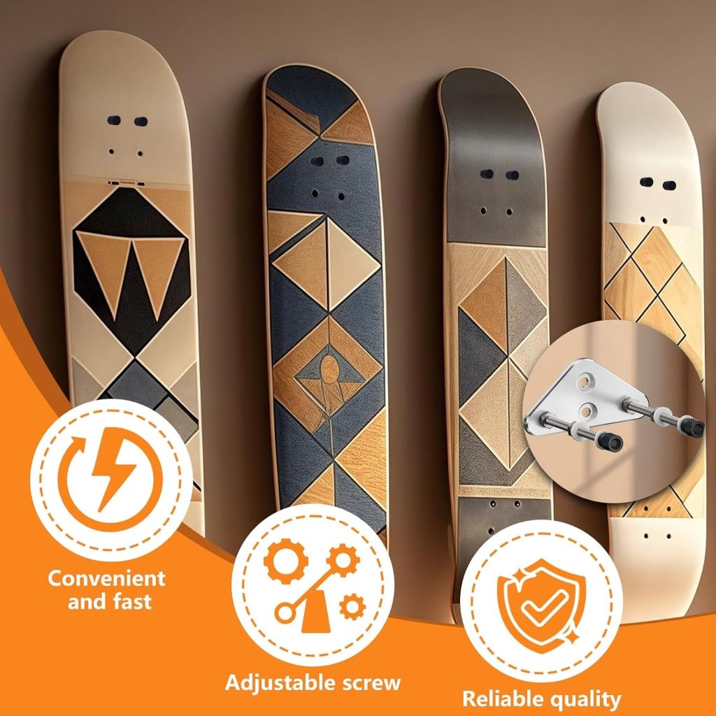 Wall-mounted skateboards using ROKENPOY 6-pack aluminum hangers, vertical and horizontal setup.