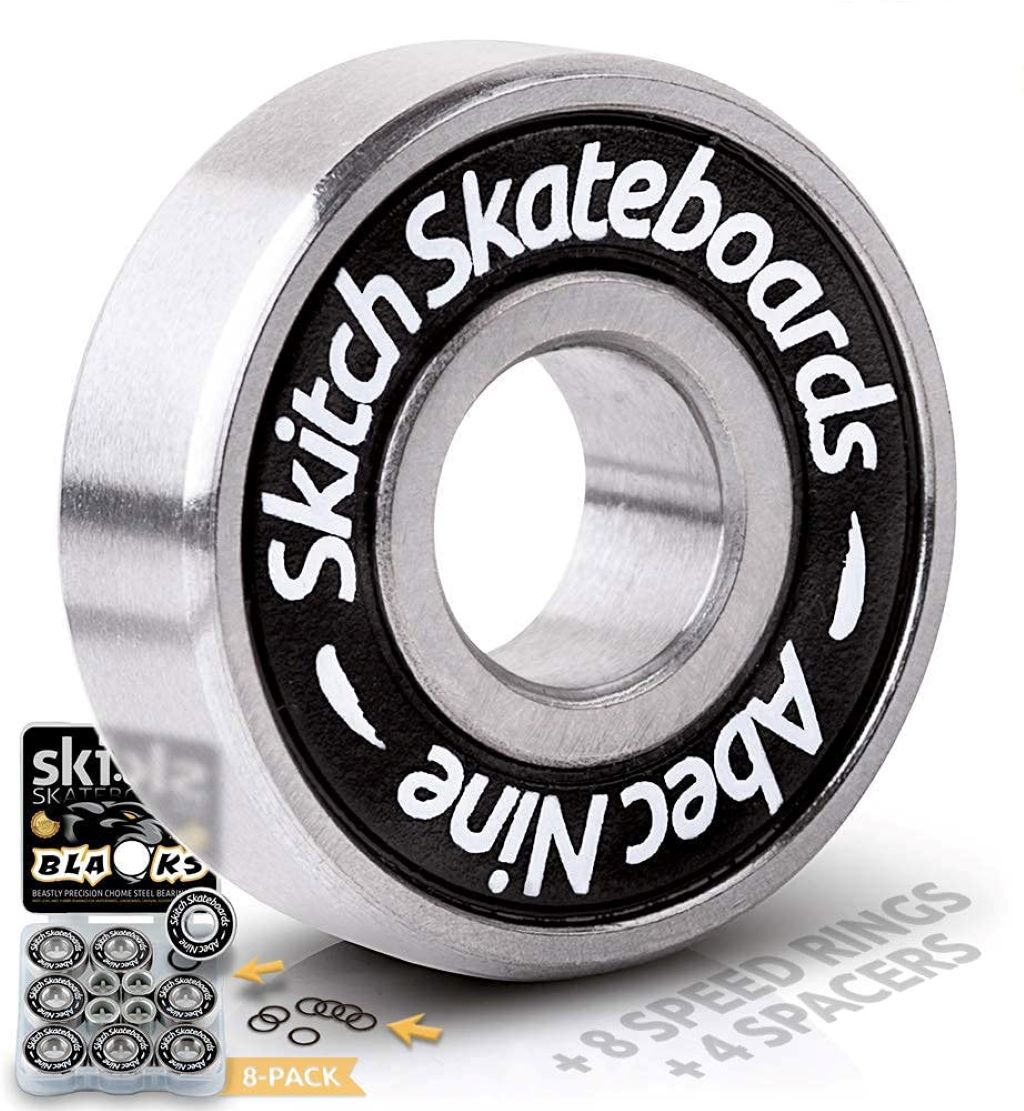 Chrome steel deep groove ball bearings set for skateboards, longboards, inline skates, and scooters.