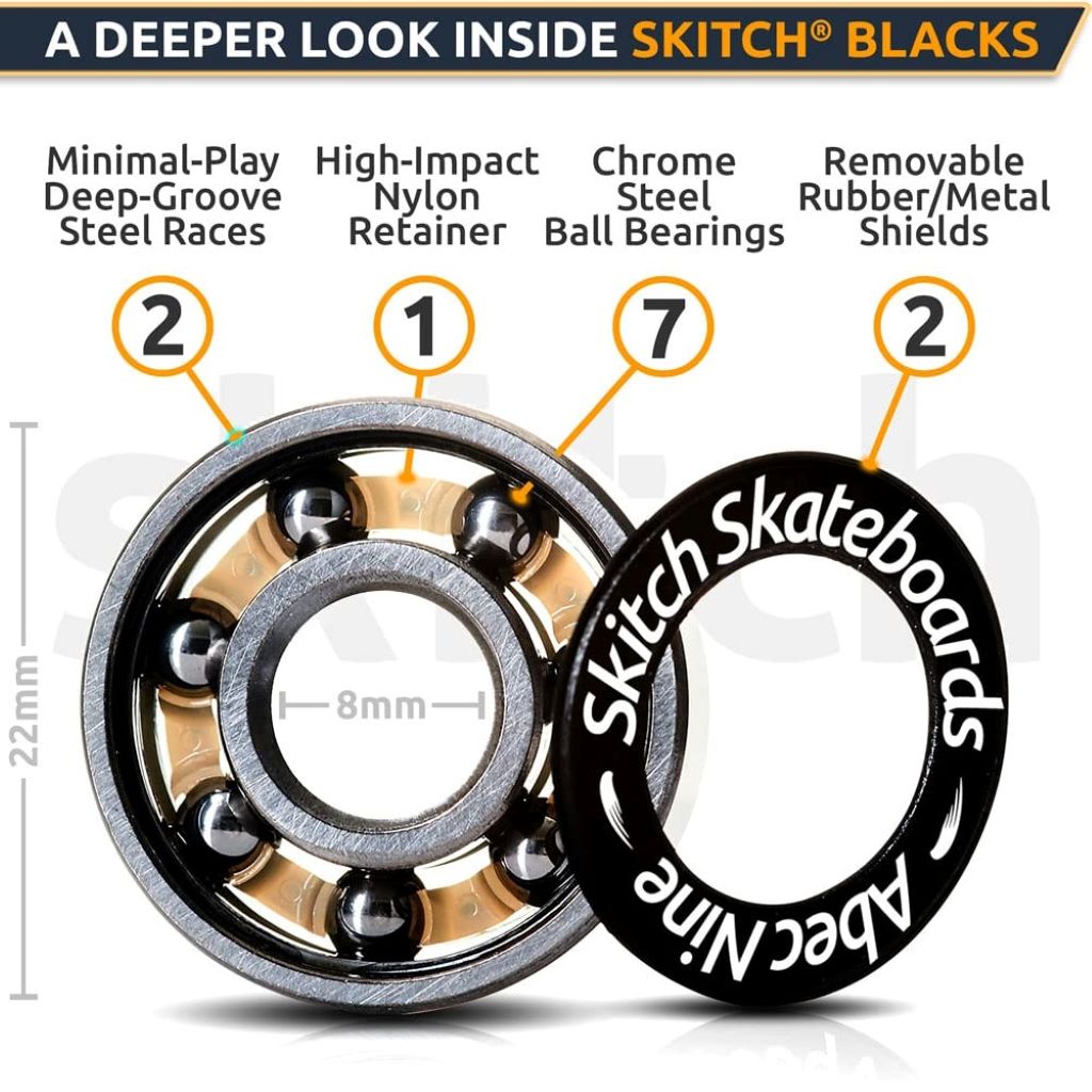 SKITCH ABEC 9 8-pack skateboard bearings with washers and spacers for smooth, fast performance.