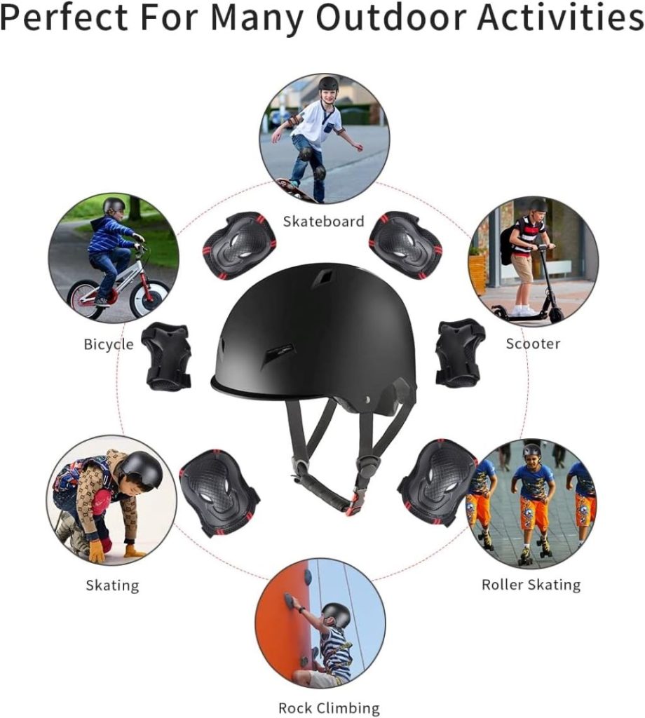 Protective gear set including adjustable helmet and pads for teens and adults on bikes and skateboards.
