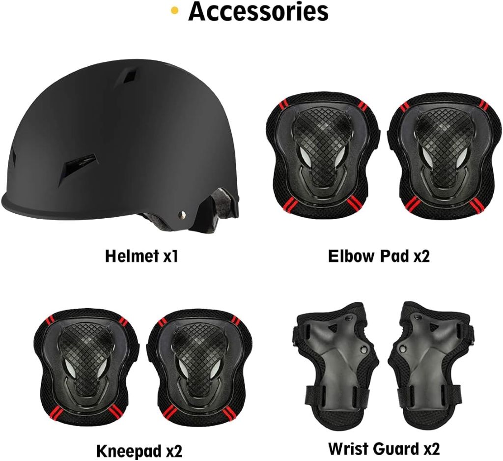Safety helmet and full protective set for cycling, skating, and scooter riding.