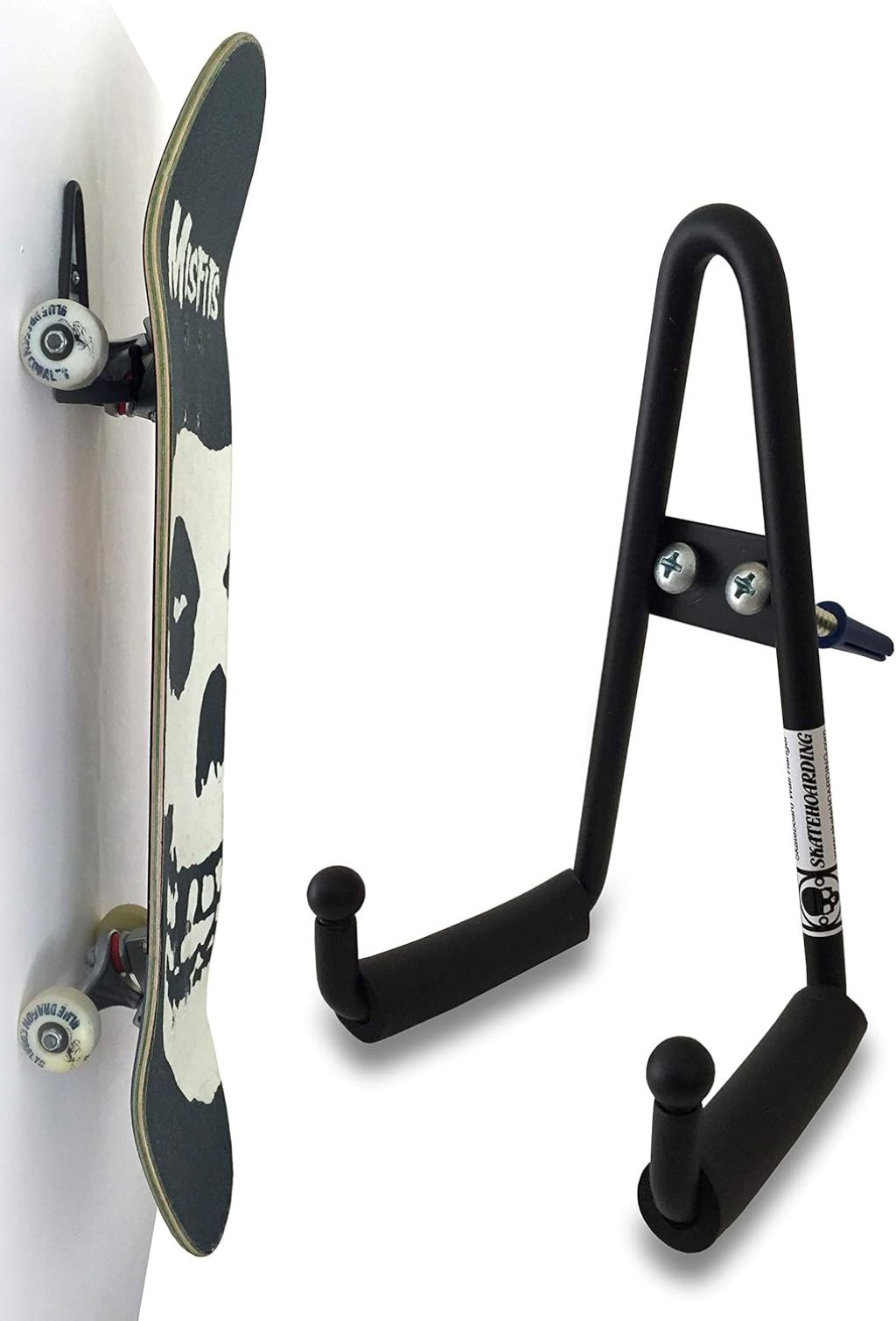 SkateHoarding Grab & Go wall mount holding a skateboard and longboard.