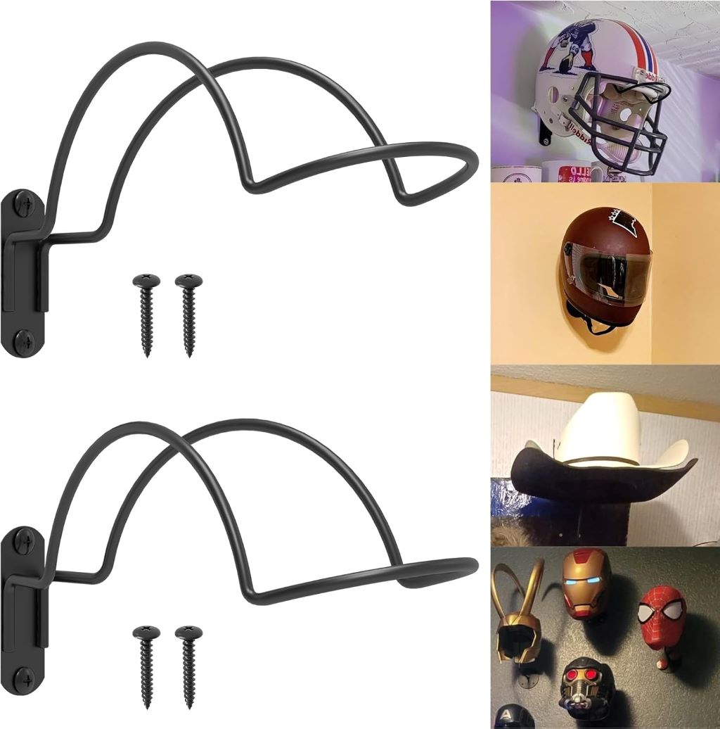 2-pack wall-mounted helmet rack holding motorcycle and sports helmets, showcasing durable metal construction.