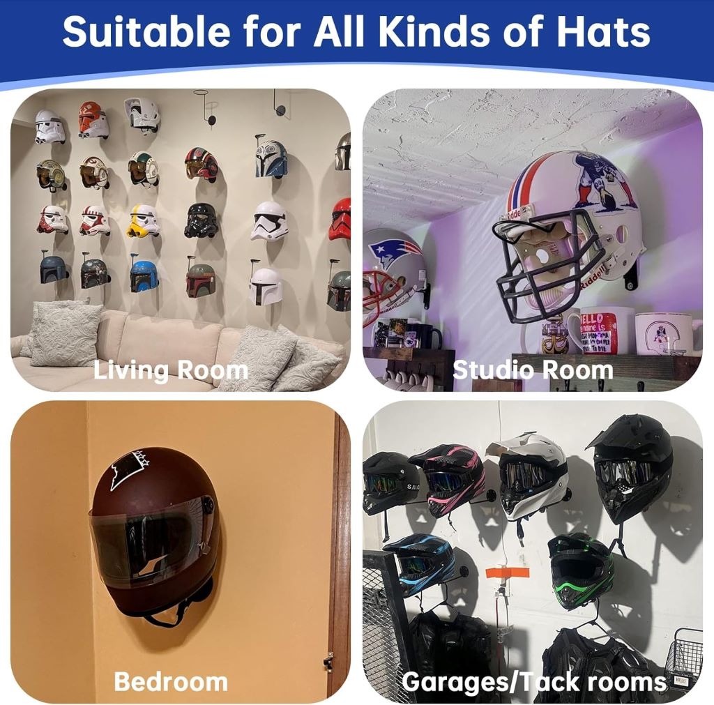 Heavy-duty multi-sport helmet storage rack mounted on wall, ideal for equestrian, hockey, and rugby helmets.
