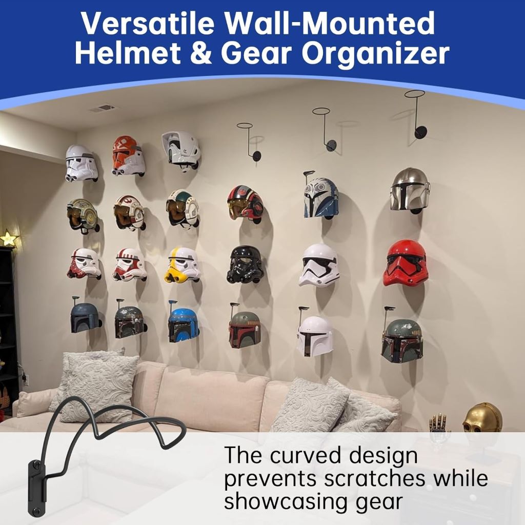 Wall-mounted metal helmet hanger hooks displaying organized helmets in garage or sports room.