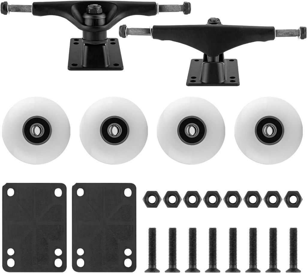 Durable TLHB skateboard starter kit featuring trucks, white wheels, and accessories