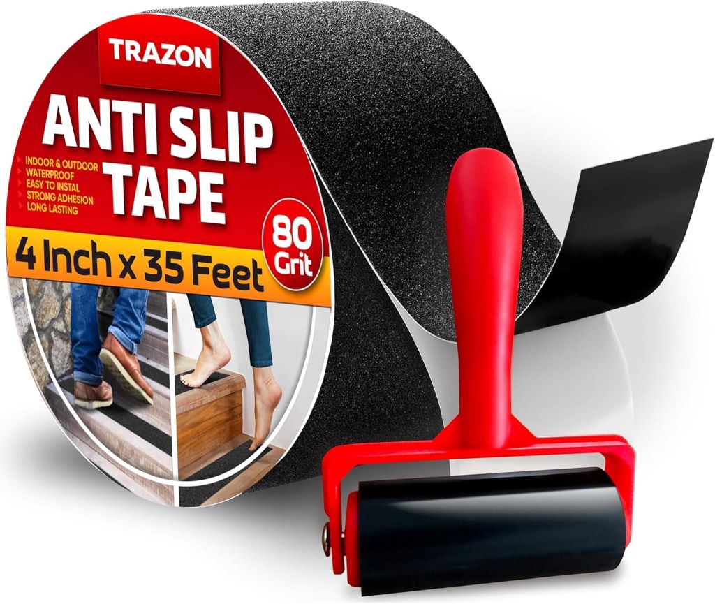 Waterproof Trazon stair tape providing strong traction on stairs to prevent slips and falls.