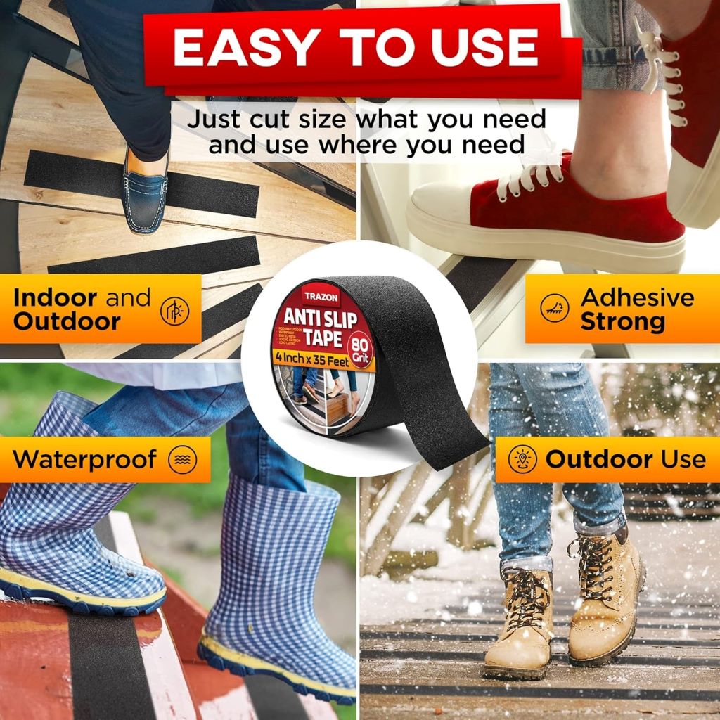 Trazon heavy-duty stair tape on steps, featuring waterproof non-slip grip for enhanced safety.