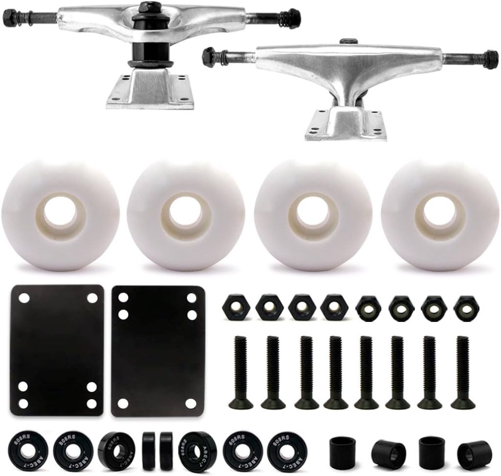 VJ 5.0 skateboard setup kit with trucks, 52mm wheels, bearings, pads, and hardware.