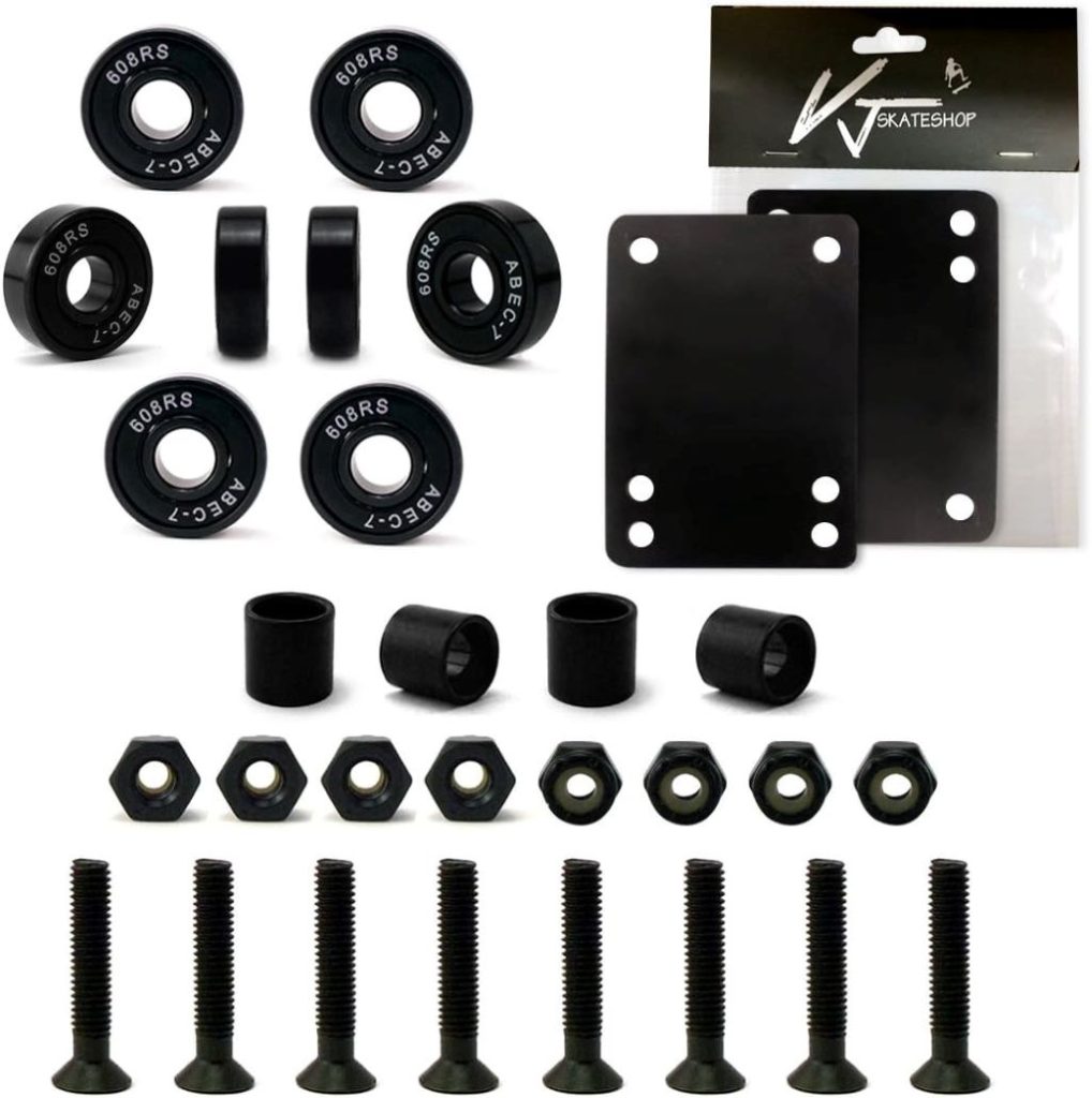 Complete VJ 5.0 skateboard gear including trucks, wheels, bearings, and protective pads.