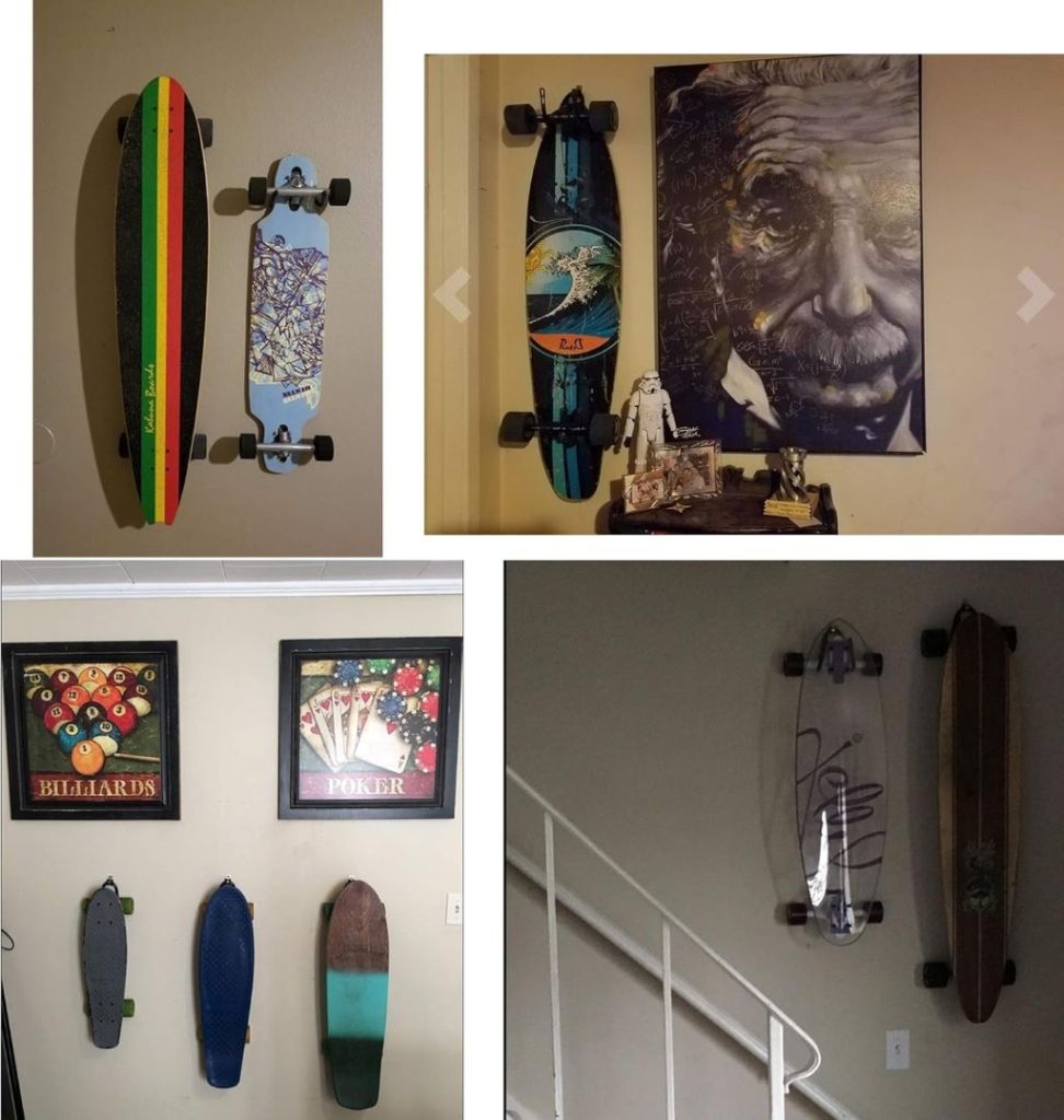 Wall-mounted skateboard rack set, 4 pieces, W-style, includes installation hardware.