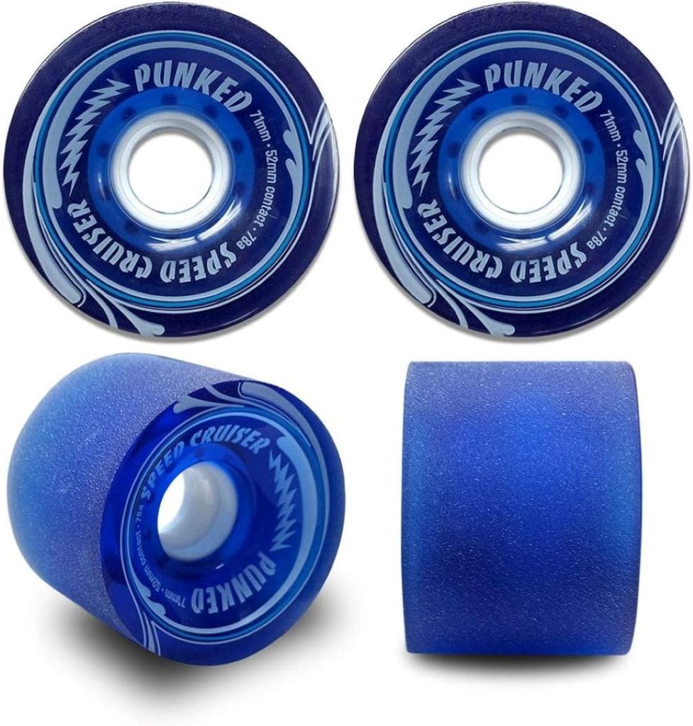 Top view of Yocaher longboard hardware including trucks, wheels, bearings, and riser pads.