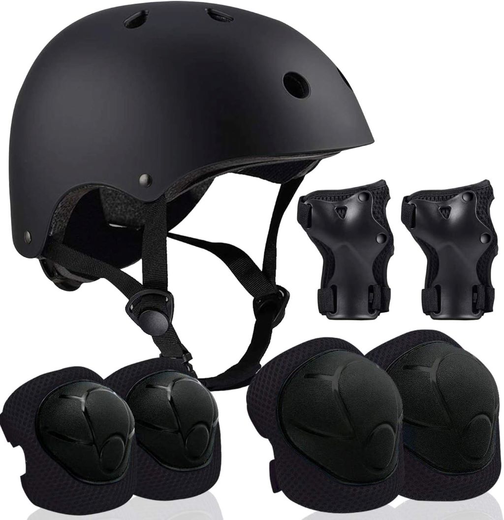ZLEIOUY adjustable kids helmet with elbow, knee, and wrist pads for skateboarding, biking, and scootering ages 5-16