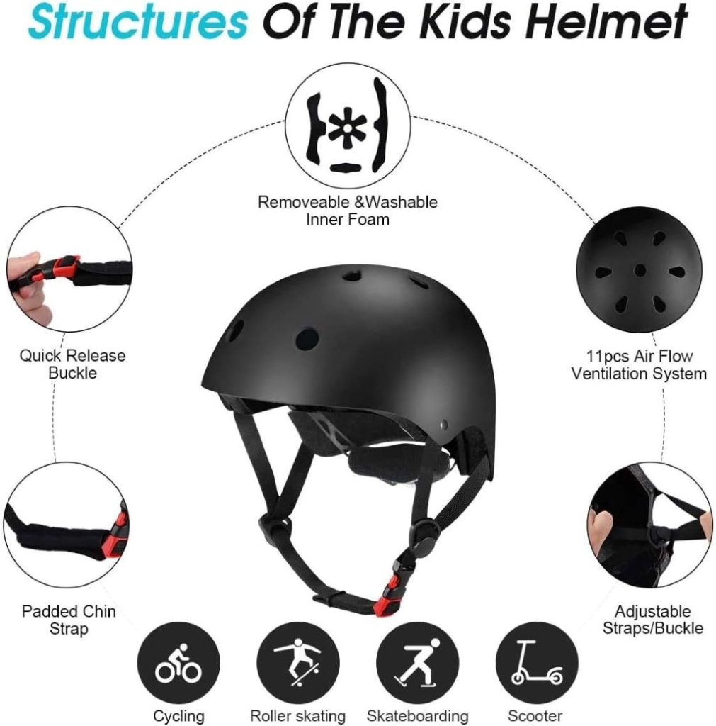 Multi-sport protective gear set for kids including helmet and pads, suitable for skate, bike, scooter, and roller skating