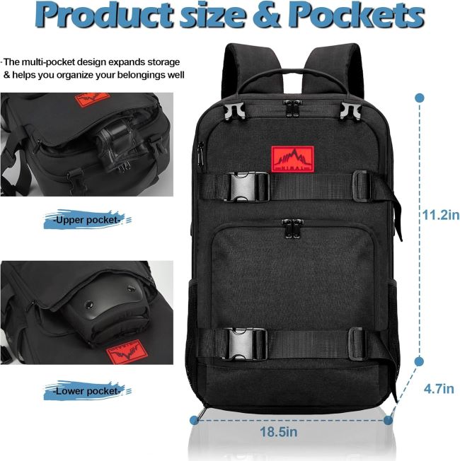 Stylish and durable GoHimal backpack showcasing skateboard attachment and ergonomic design.