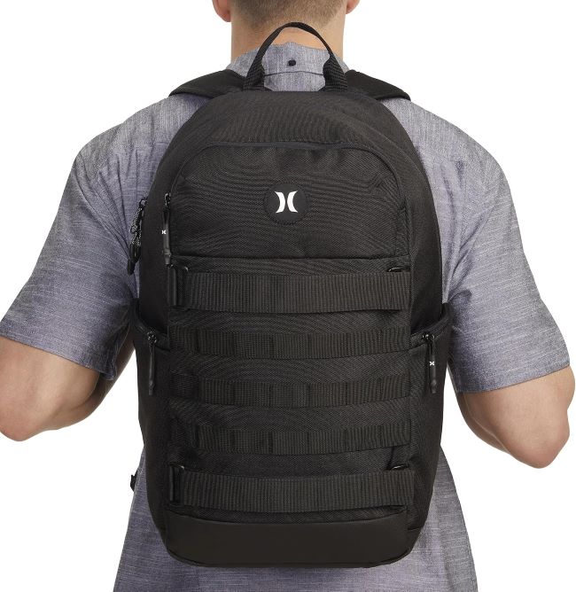 Side view of Hurley skateboard backpack for men in black, perfect for daily use.