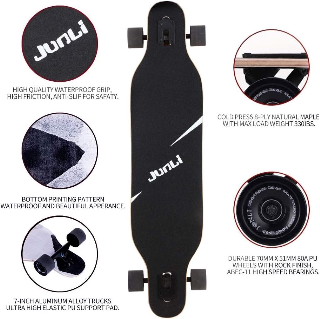 Junli complete longboard offering balance and control for freestyle and carving.