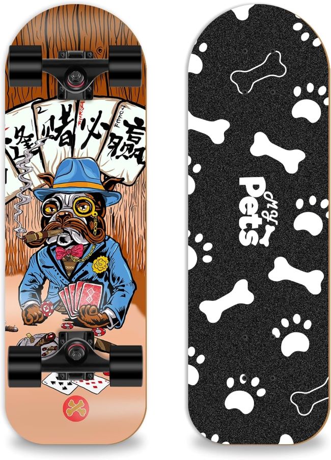 Dog riding LOsenka pet skateboard outdoors
