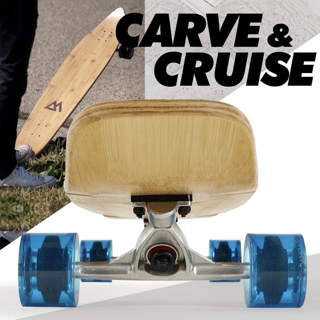 Durable bamboo and hard maple 44-inch kicktail longboard for all ages.