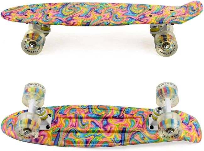 Close-up of Meketec 22'' skateboard showing durable wheels and compact deck