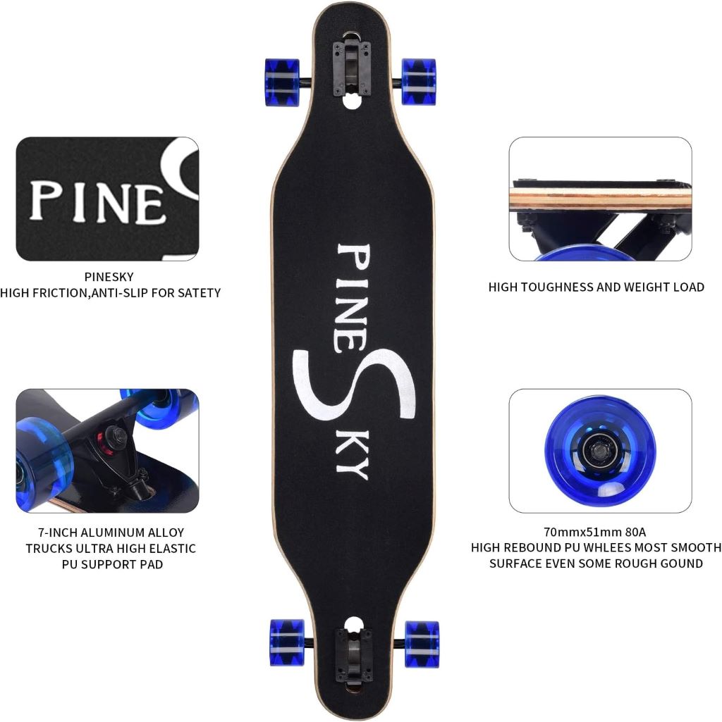 Top view of PINESKY 41” longboard showcasing 8-ply maple deck and wheels.
