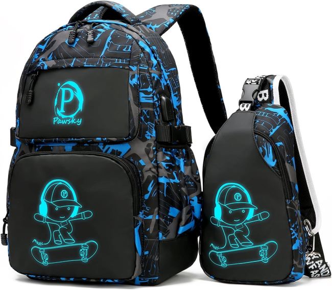 Pawsky Anime Luminous Backpack Set in blue with glowing anime design and USB charging port